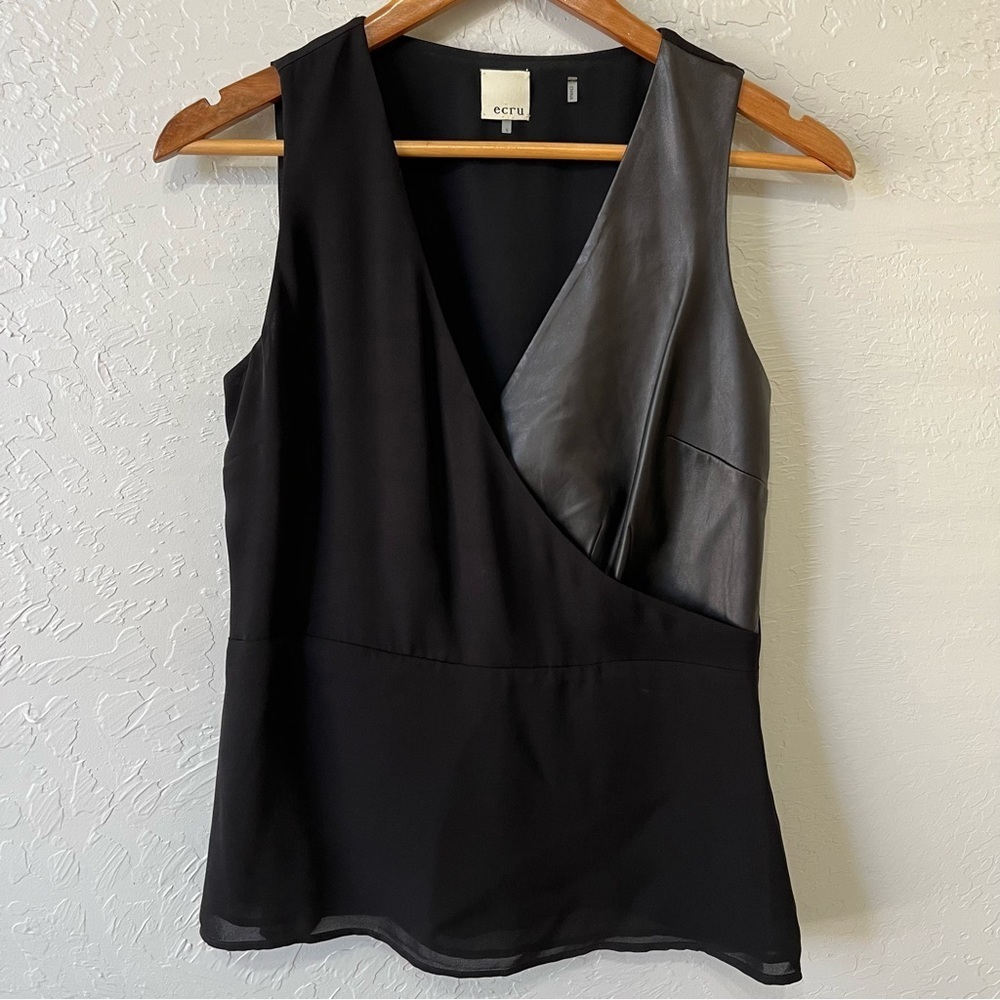 Ecru Black Leather Silk Sleeveless Blouse V Neck Peplum Top